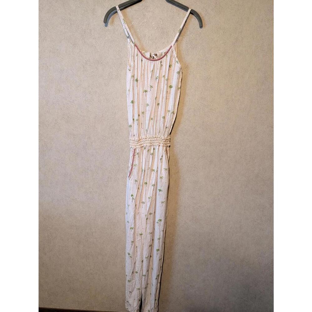 SKEMO white pink palm tree beaded boho beachy jumpsuit sz M